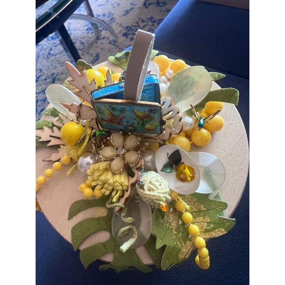 Blue Bird Upcycled Assemblage Art Upcycled Candle Holder Yellow Glass Storage - Picture 7 of 10